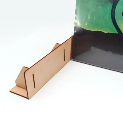 Wooden vinyl record backstopper keeping LP records upright and aligned in an Ikea Kallax or Expedit shelving unit