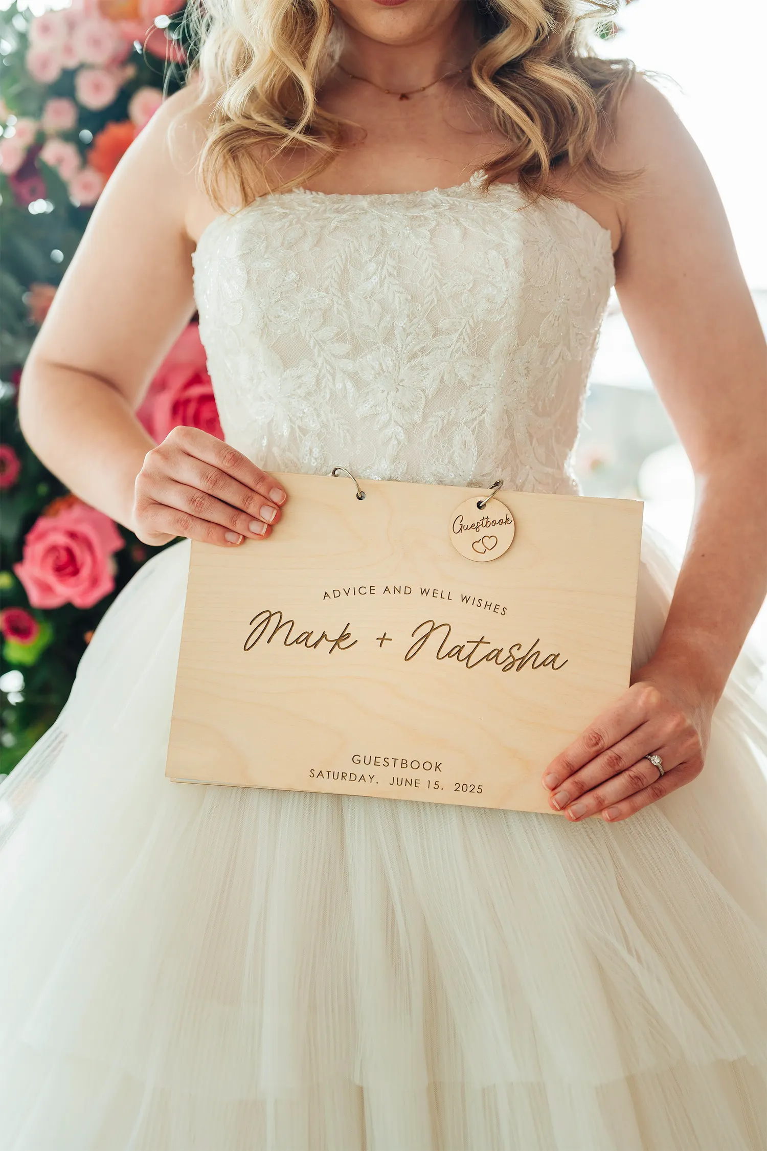 Rustic Advice & Well Wishes Wedding Guest Book | Engraved Wood + Custom Token - Image 4