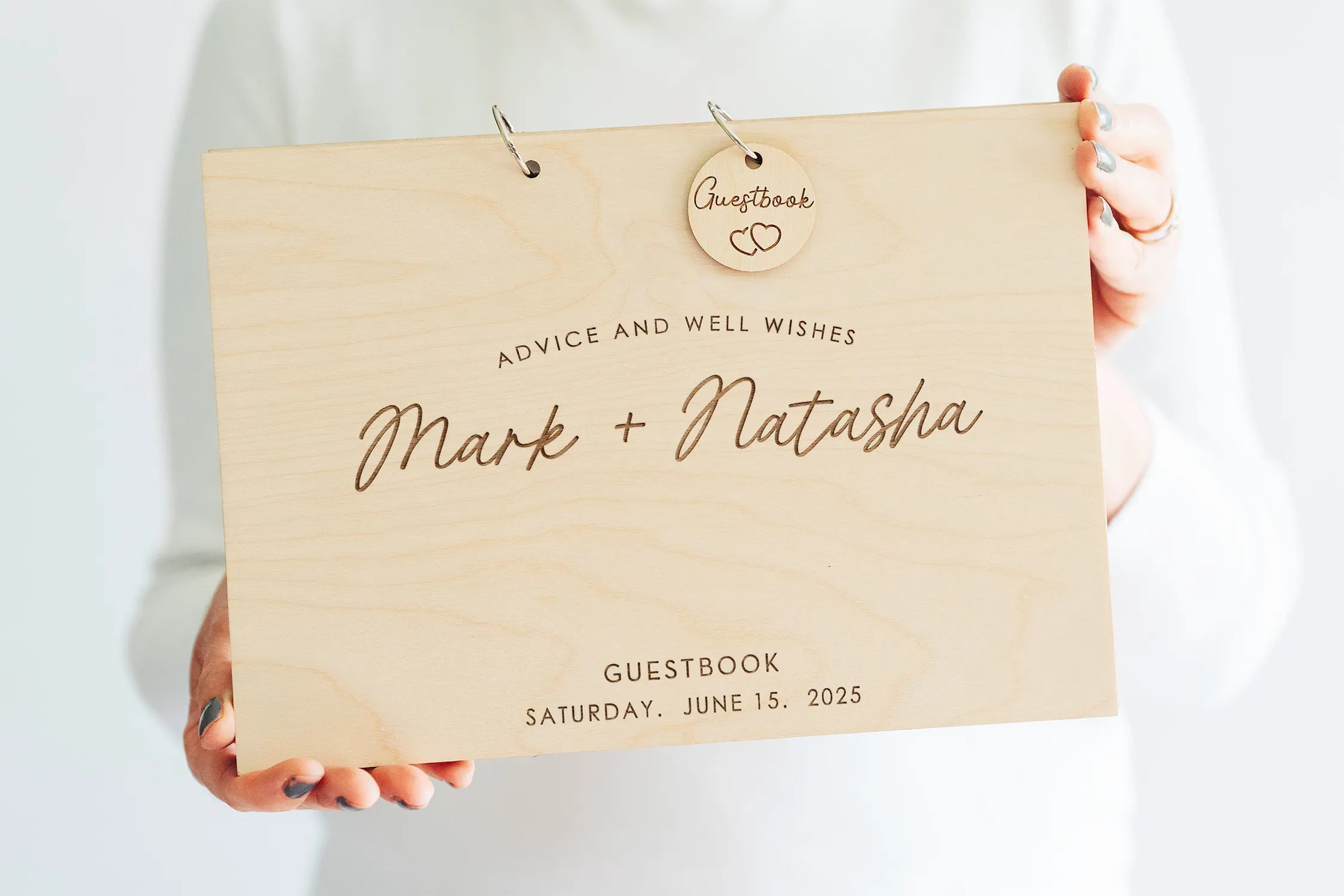 Rustic Advice & Well Wishes Wedding Guest Book | Engraved Wood + Custom Token - Image 9