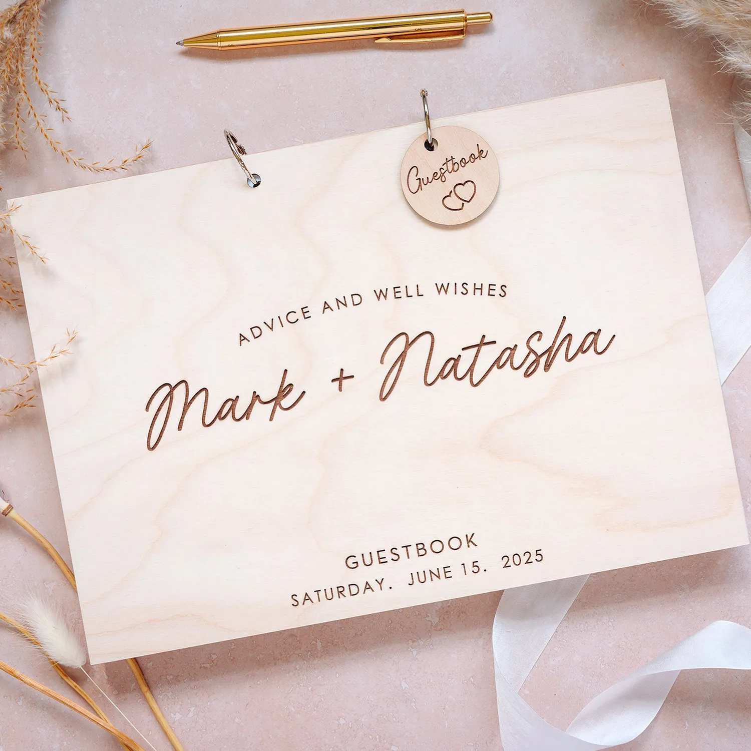 Rustic Advice & Well Wishes Wedding Guest Book | Engraved Wood + Custom Token