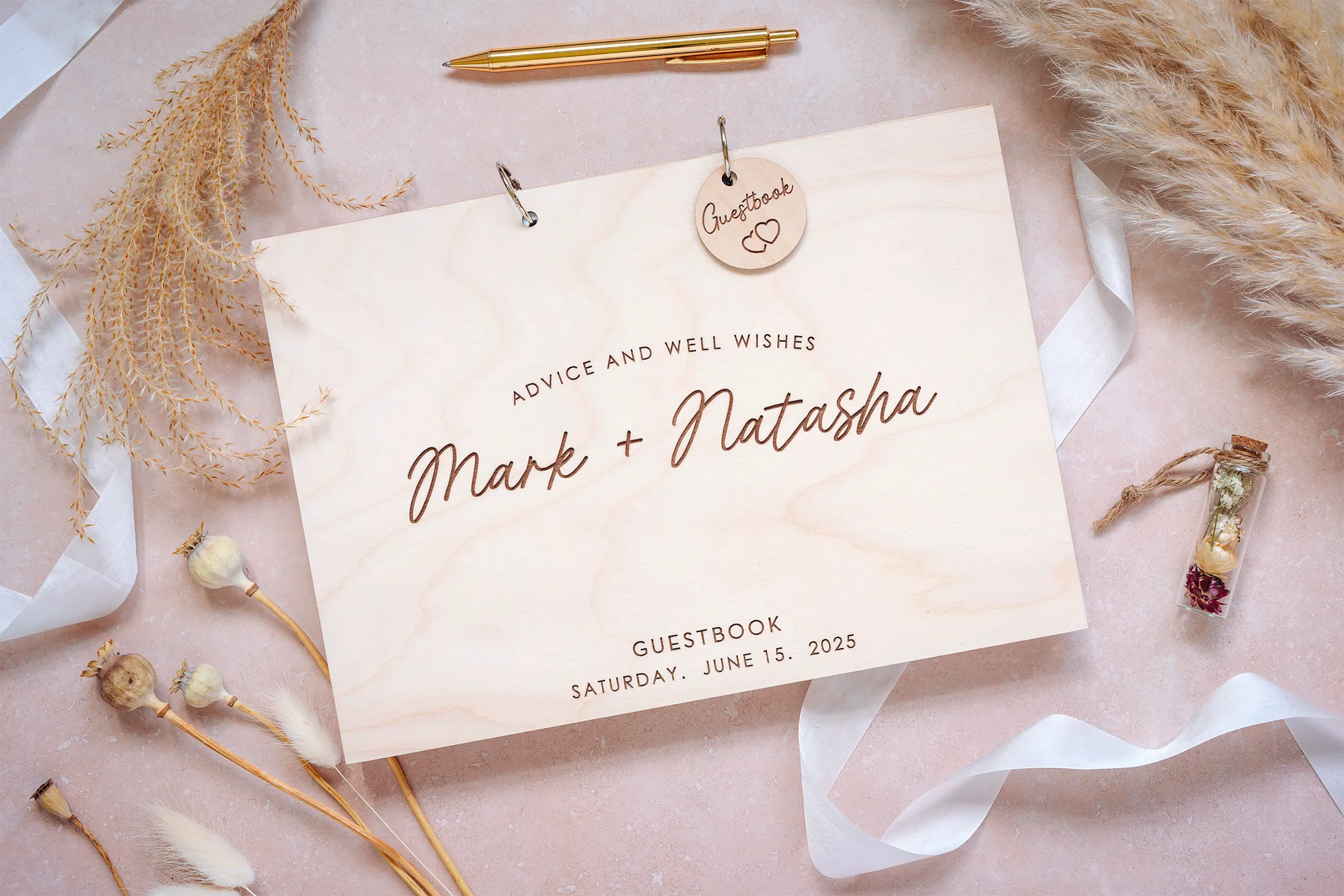 Rustic Advice & Well Wishes Wedding Guest Book | Engraved Wood + Custom Token - Image 7