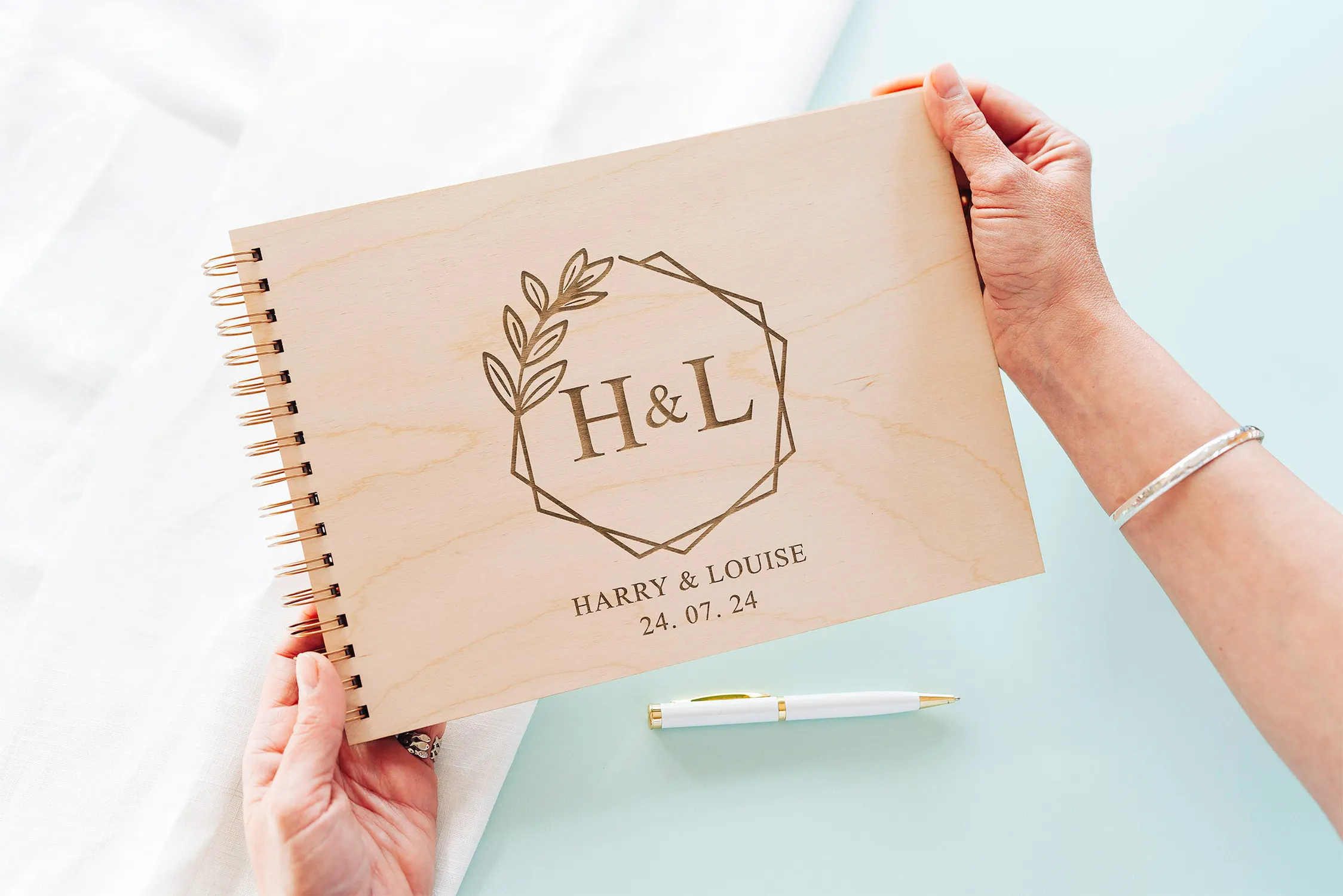 Monogram Spiral-Bound Wedding Guest Book | Initials Engraved Plywood Cover | UK - Image 10