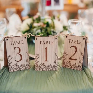 Personalised wooden wedding table signs for receptions