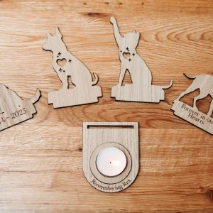 oak pet remembrance candle holder with tealight in lifestyle setting