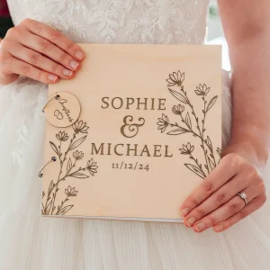 Woooden wildflower wedding guest book