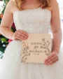 personalised wooden wedding guest book showing interior pages with lines for guest signatures and messages