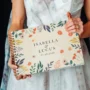 Bold botanical UV colour-printed wooden wedding guest book square cover close-up showing floral botanical design