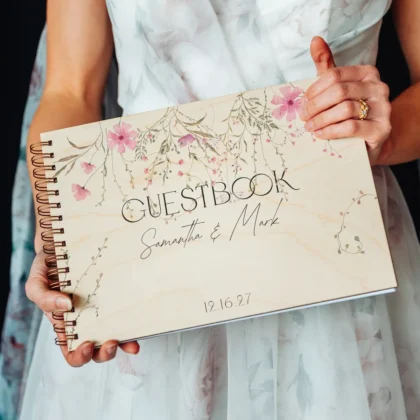 UV-printed colour wedding guest book with bridal styling — lifestyle product photo