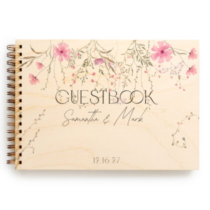personalised wooden wedding guest book lying flat showing landscape format and copper spiral wire binding