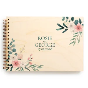 Personalised watercolour floral wedding guest book with wooden cover, blush pink blooms & custom names. Elegant, timeless & made to order. Shop now.