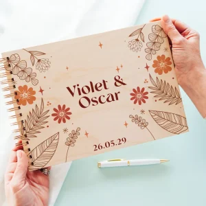 autumn boho personalised wooden wedding guest book with spiral wire binding and personalised wooden cover