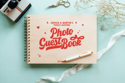 Retro wedding photo guest book open flat showing thick white pages ready for polaroid and Instax prints