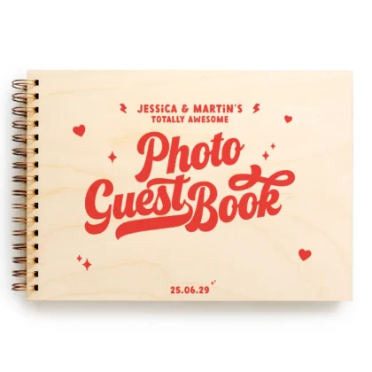 Personalised retro wooden wedding photo guest book with bold red typography and heart motifs on birch wood cover