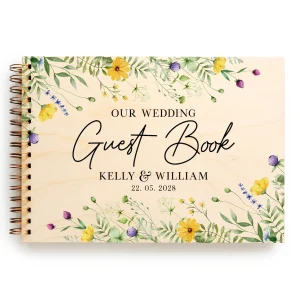 wildflower wedding guest book - A stuning guestbook with a wooden cover a full colour printing. Yellow wildflowes in watercolour