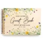 Yellow wildflower wedding guest book with UV colour-printed wooden cover, personalised with couple names