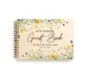 Yellow wildflower wooden guest book open showing A5 size lined internal pages with spiral wire binding