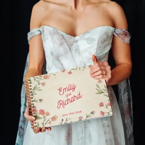 floral engraved wedding guest book open showing thick 160gsm white pages for guest messages