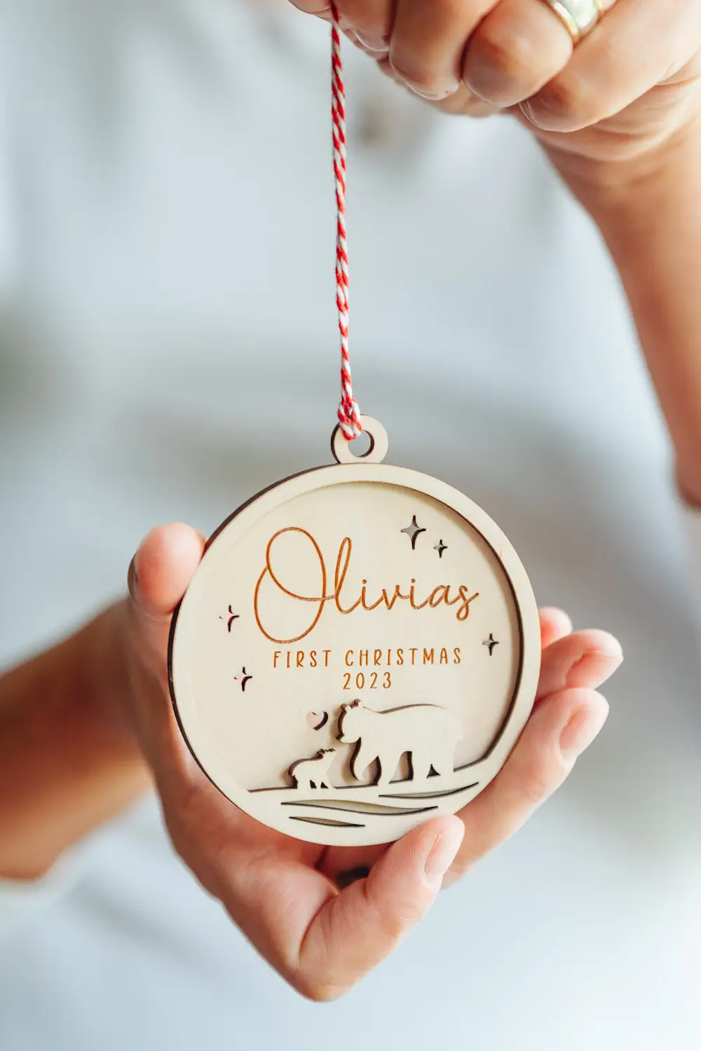 Personalised mama bear first christmas bauble with custom name and year