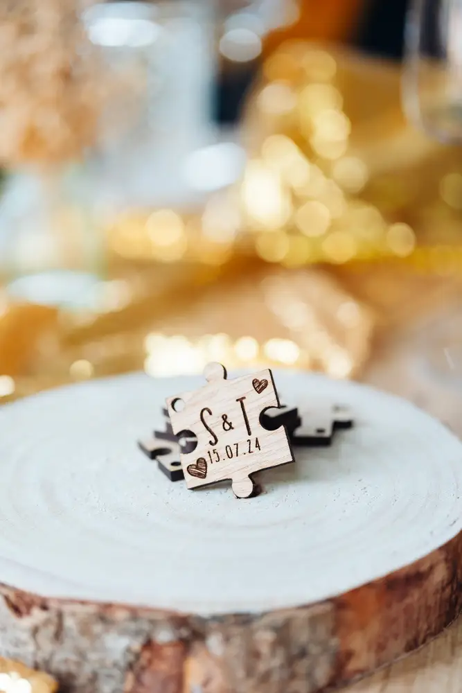 Puzzle Piece Wedding Favours laser-engraved with names and date