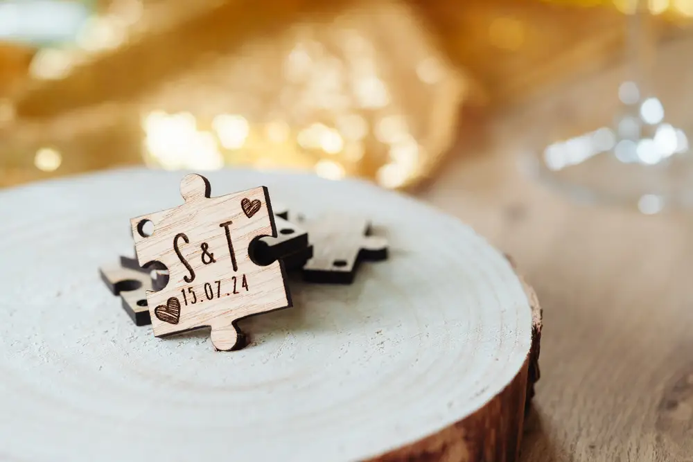 Puzzle Piece Wedding Favours — personalised wooden puzzle piece wedding favours