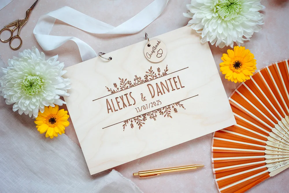 Alternative Rustic Floral Guest Book shown in A5 and A4 size options