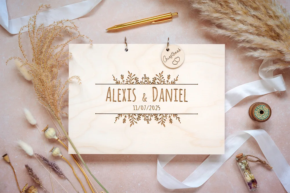 Alternative Rustic Floral Guest Book open with handwritten guest messages