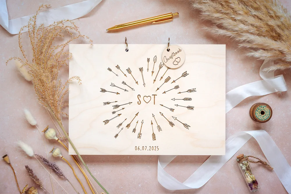 Cupid's Arrow Wedding Guest Book with copper spiral wire binding