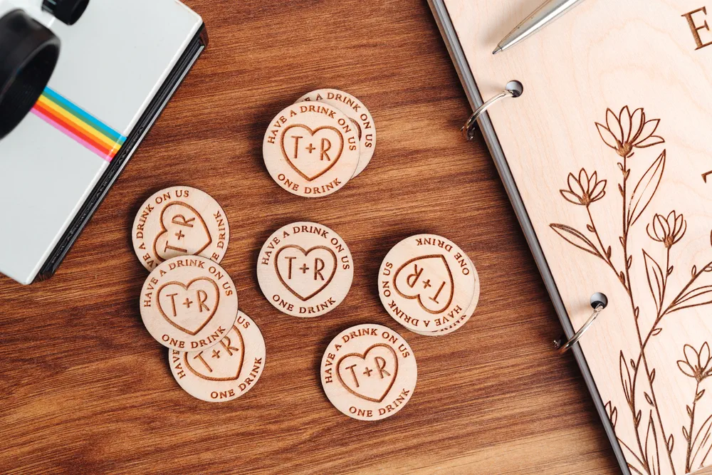 Close-up detail of timeless love heart drink tokens