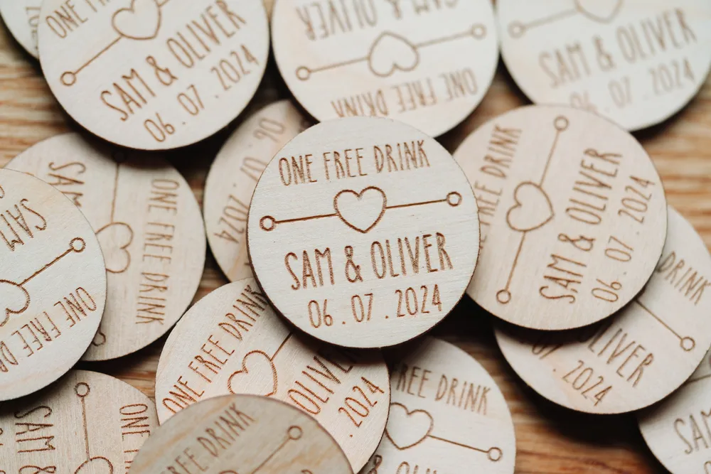 Set of boho love heart drink tokens for wedding guests