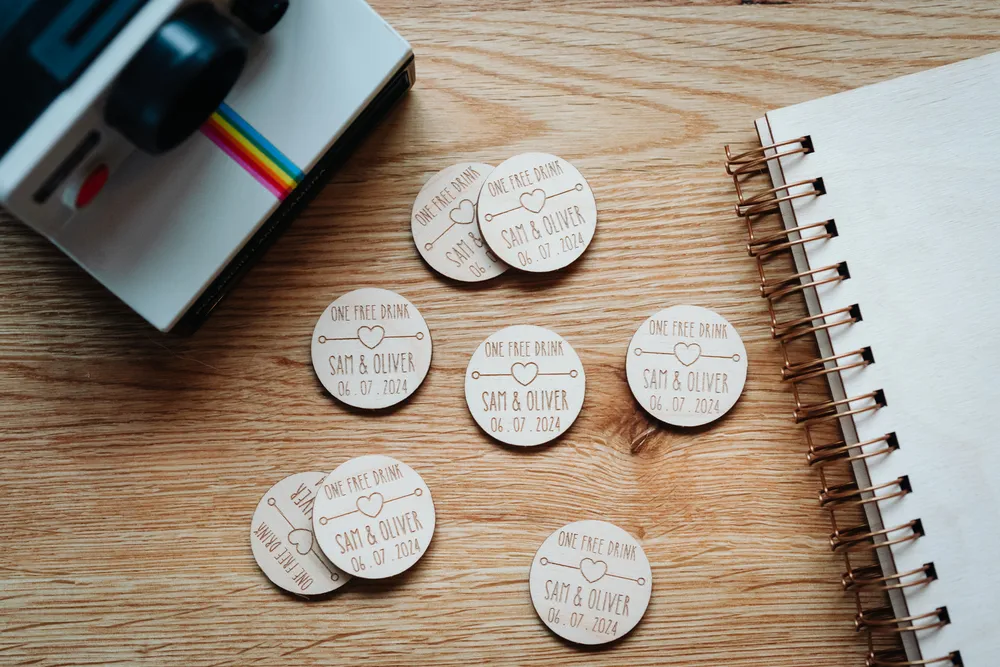 Personalised boho love heart drink tokens engraved on birch plywood