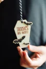 Personalised Bat Boo Basket Tag tied to a Halloween treat basket