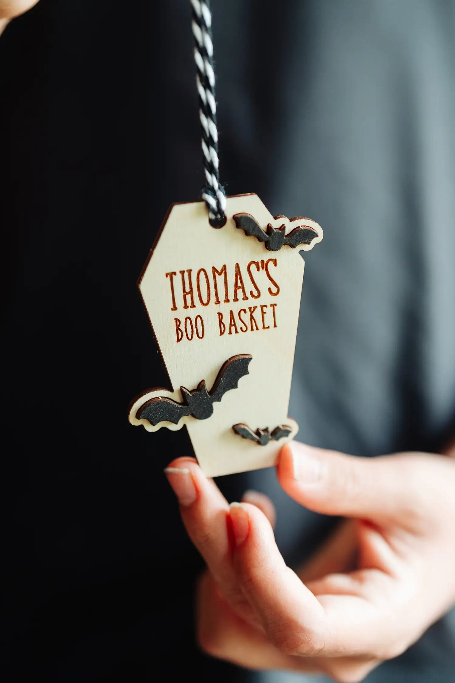 Personalised Bat Boo Basket Tag tied to a Halloween treat basket