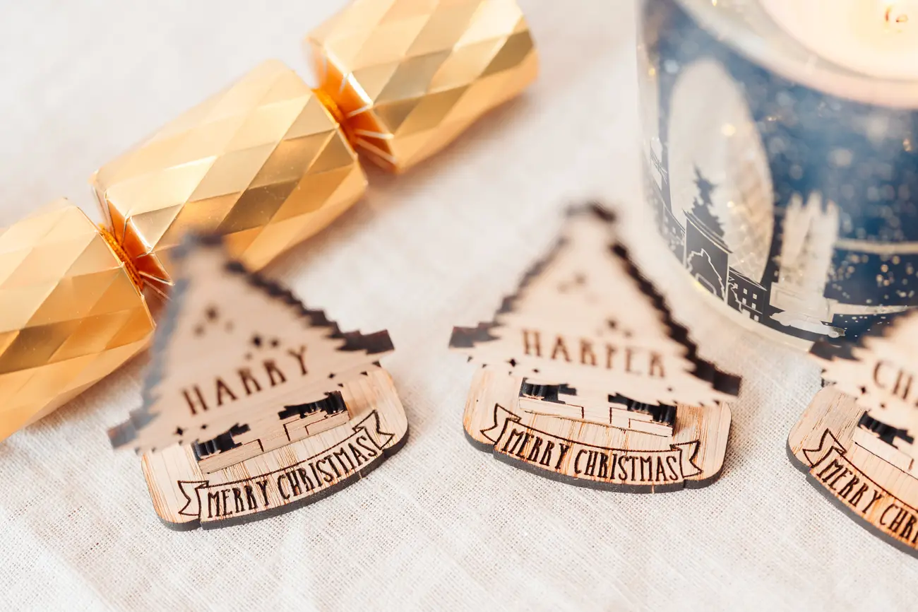 Set of christmas tree place settings for a Christmas table