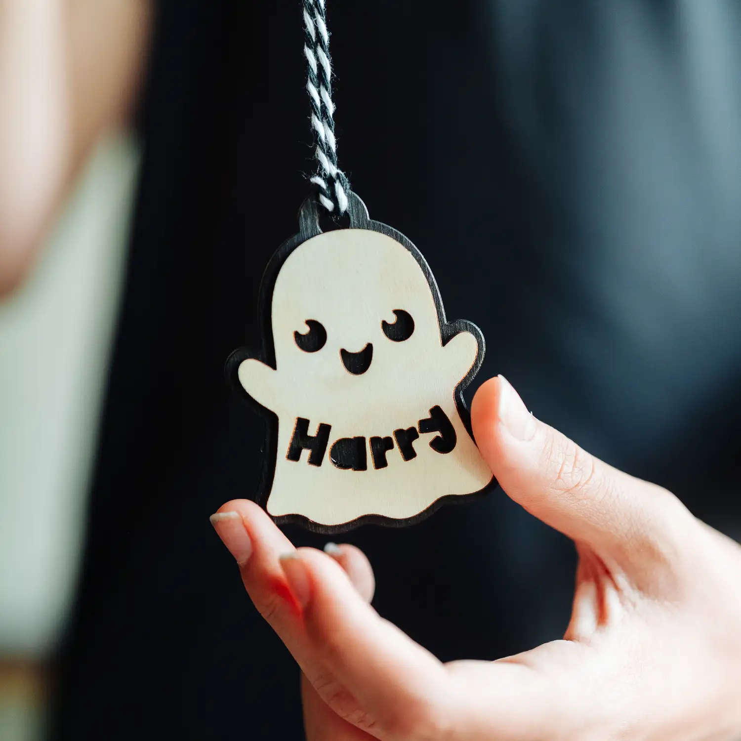 Personalised wooden ghost boo basket tag with child's name