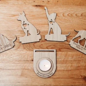 oak pet remembrance candle holder with tealight in lifestyle setting