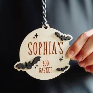 Close-up of the halloween name boo basket tag engraving