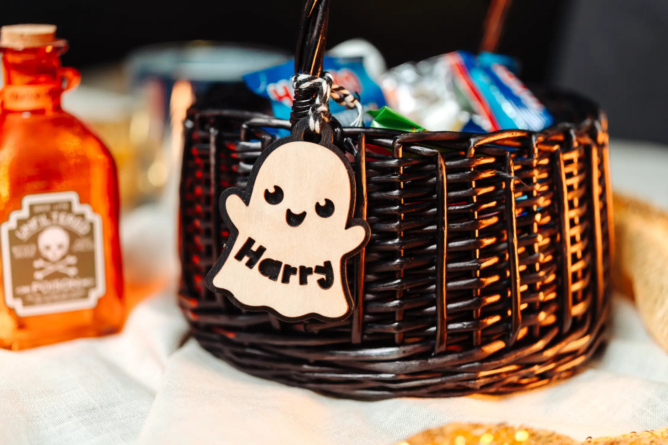 Close-up of the ghost boo basket tag engraving