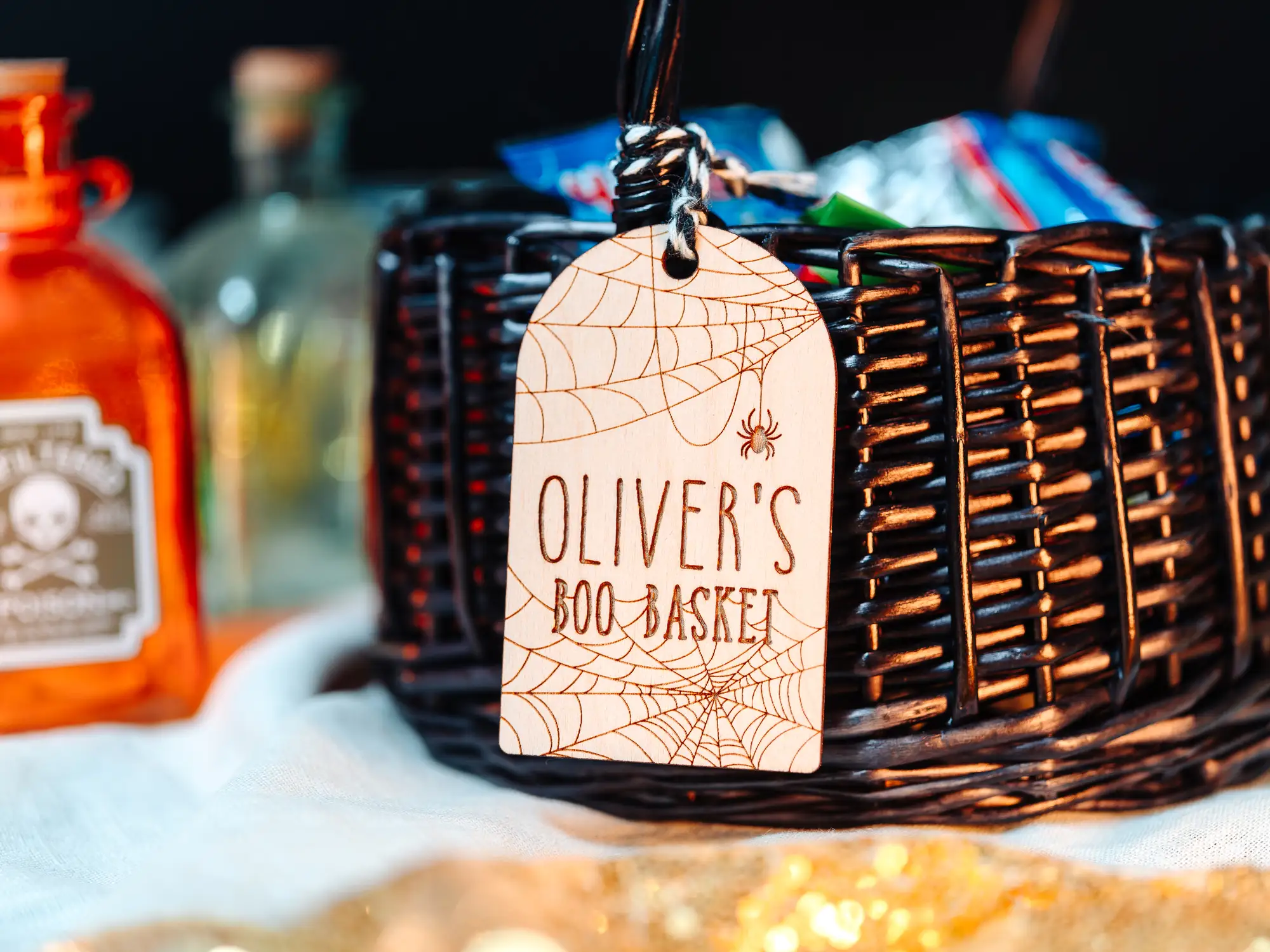 Personalised wooden spider's web boo basket tag with child's name
