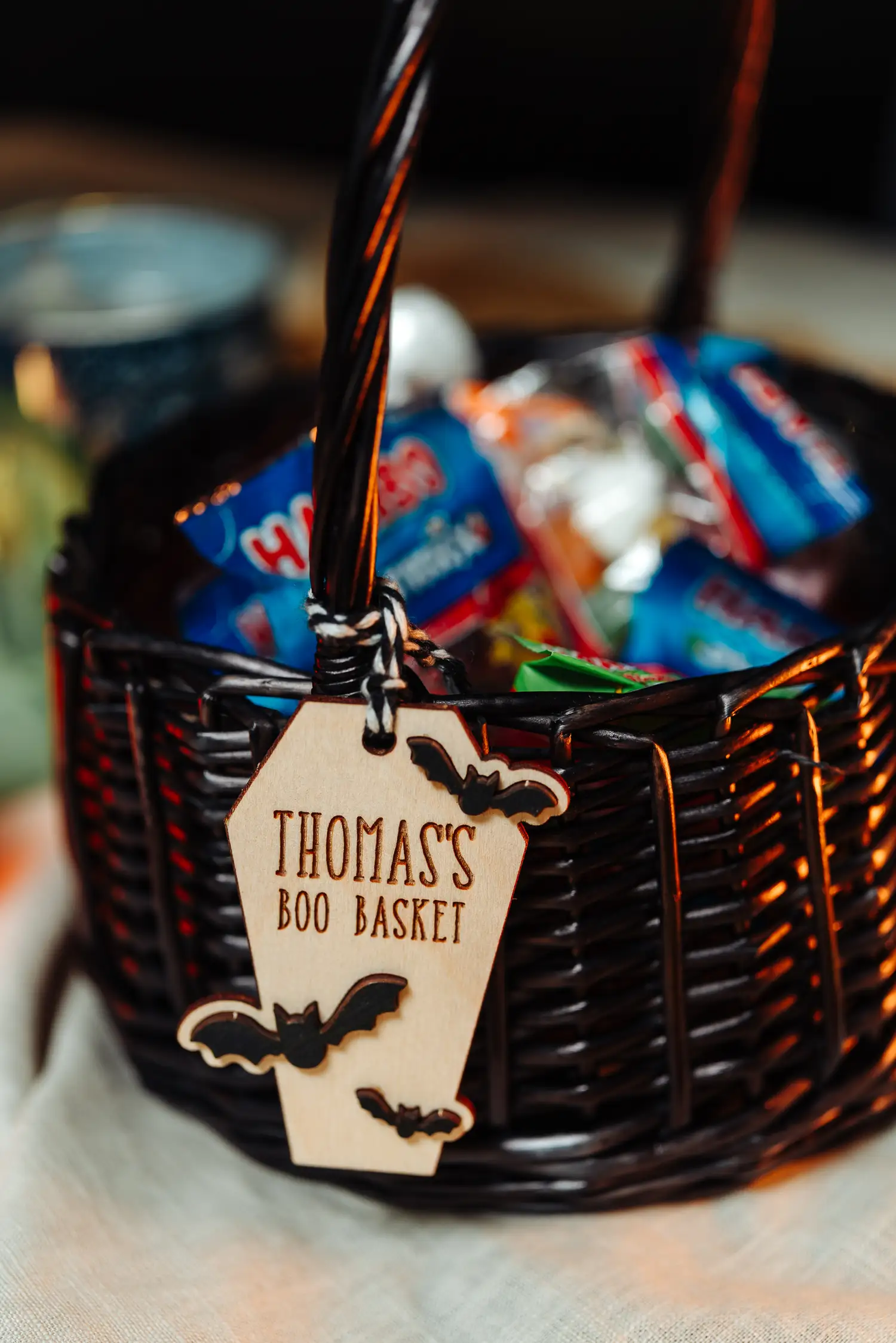 Personalised Bat Boo Basket Tag laser-engraved on wood