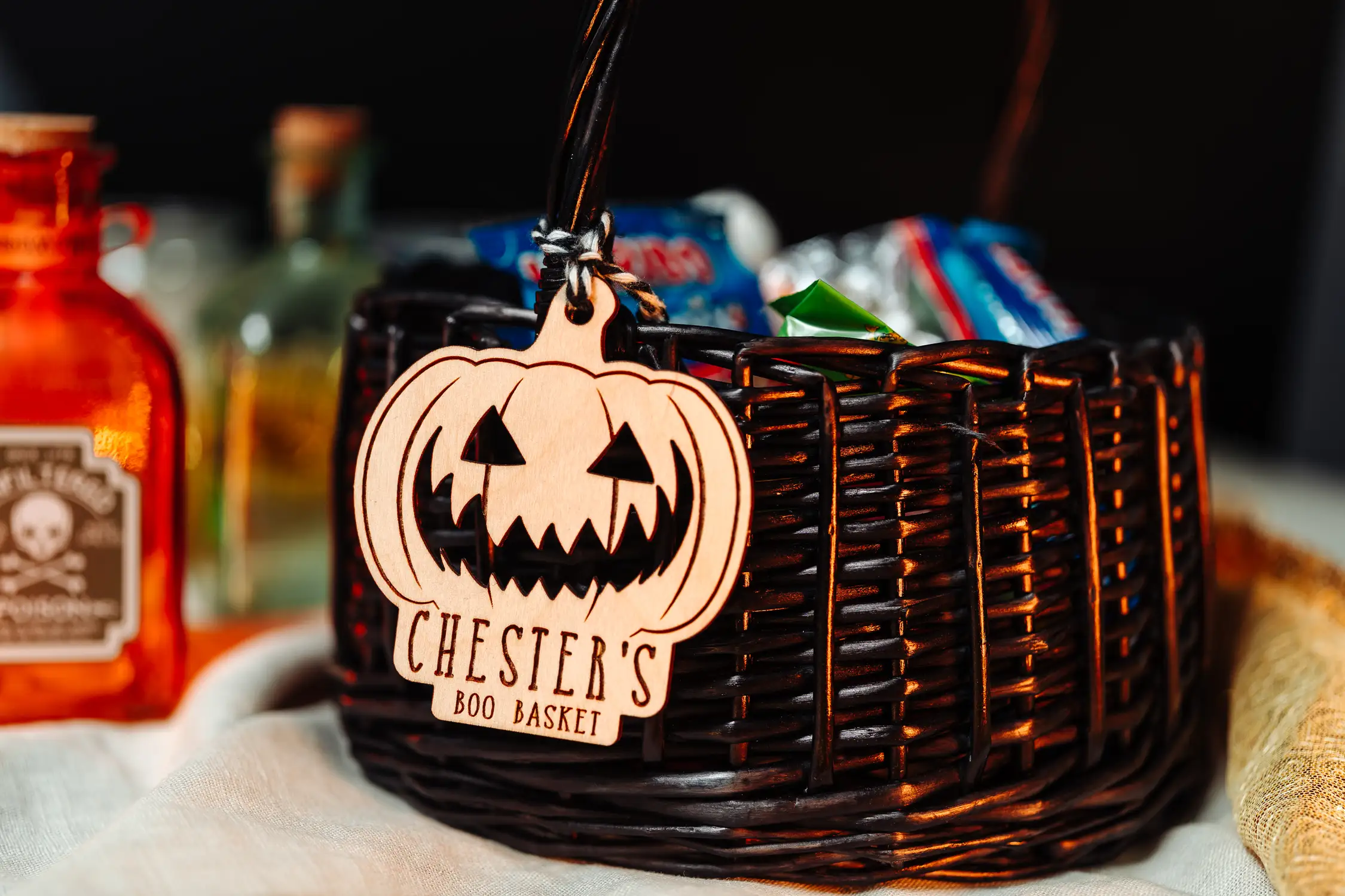 Personalised wooden pumpkin boo basket tag with child's name