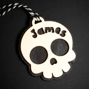 Close-up of the skull boo basket tag engraving