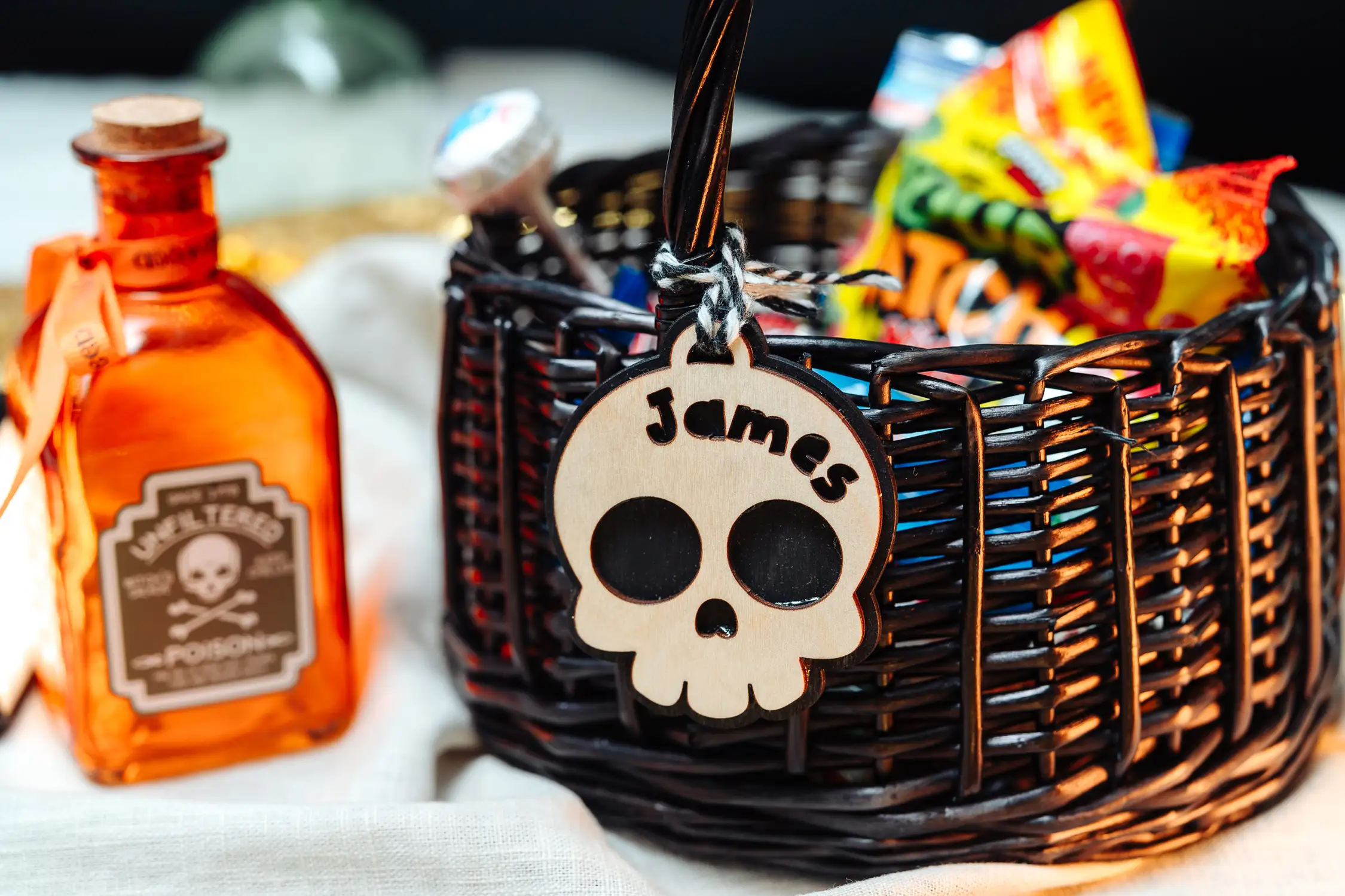 Skull Boo Basket Tag laser-engraved on wood