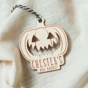 Close-up of the pumpkin boo basket tag engraving