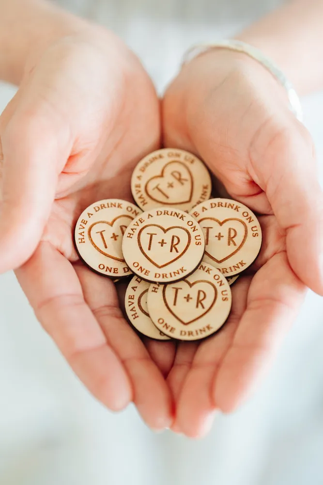Timeless Love Heart Drink Tokens — personalised wooden wedding drink tokens