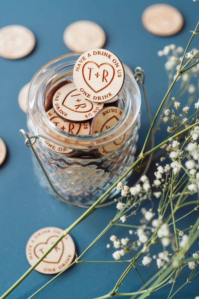 Personalised timeless love heart drink tokens engraved on birch plywood