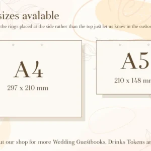 Comparison of A4 and A5 wooden wedding guest book sizes showing scale difference on white background