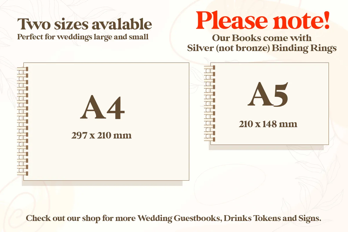 A5 and A4 personalised wooden wedding guest books side by side showing copper spiral wire binding and size difference