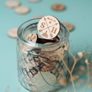 Personalised arrow design wooden wedding drink tokens laser-engraved on birch wood handmade in UK