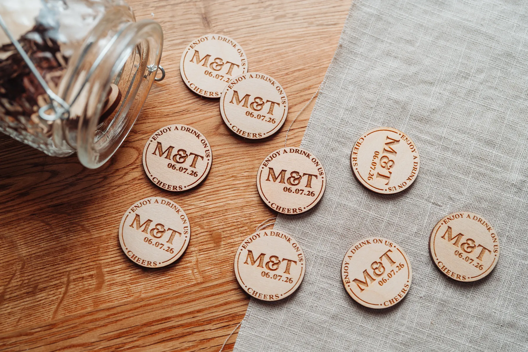 Personalised rustic charm drink tokens engraved on birch plywood
