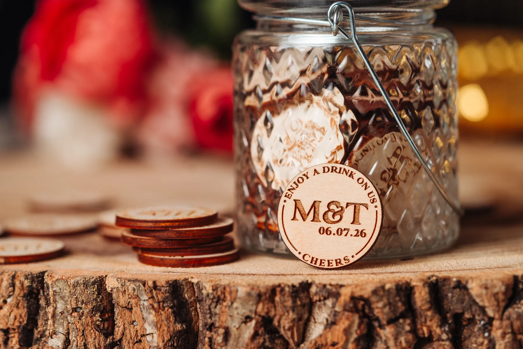 Set of rustic charm drink tokens for wedding guests